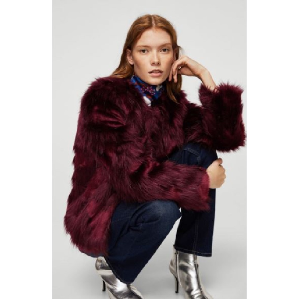 Mango Faux Fur Jacket Burgundy Dark Red Size XS